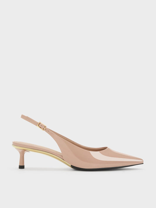 CHARLES & KEITH Premium / Curtis Patent Slingback Kitten Heels - Nude