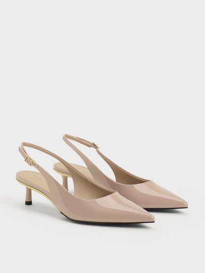 CHARLES & KEITH Premium / Curtis Patent Slingback Kitten Heels - Nude