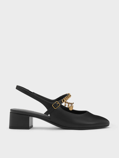 CHARLES & KEITH New / Double-Chain Charm Mary Jane Slingback Pumps - Black