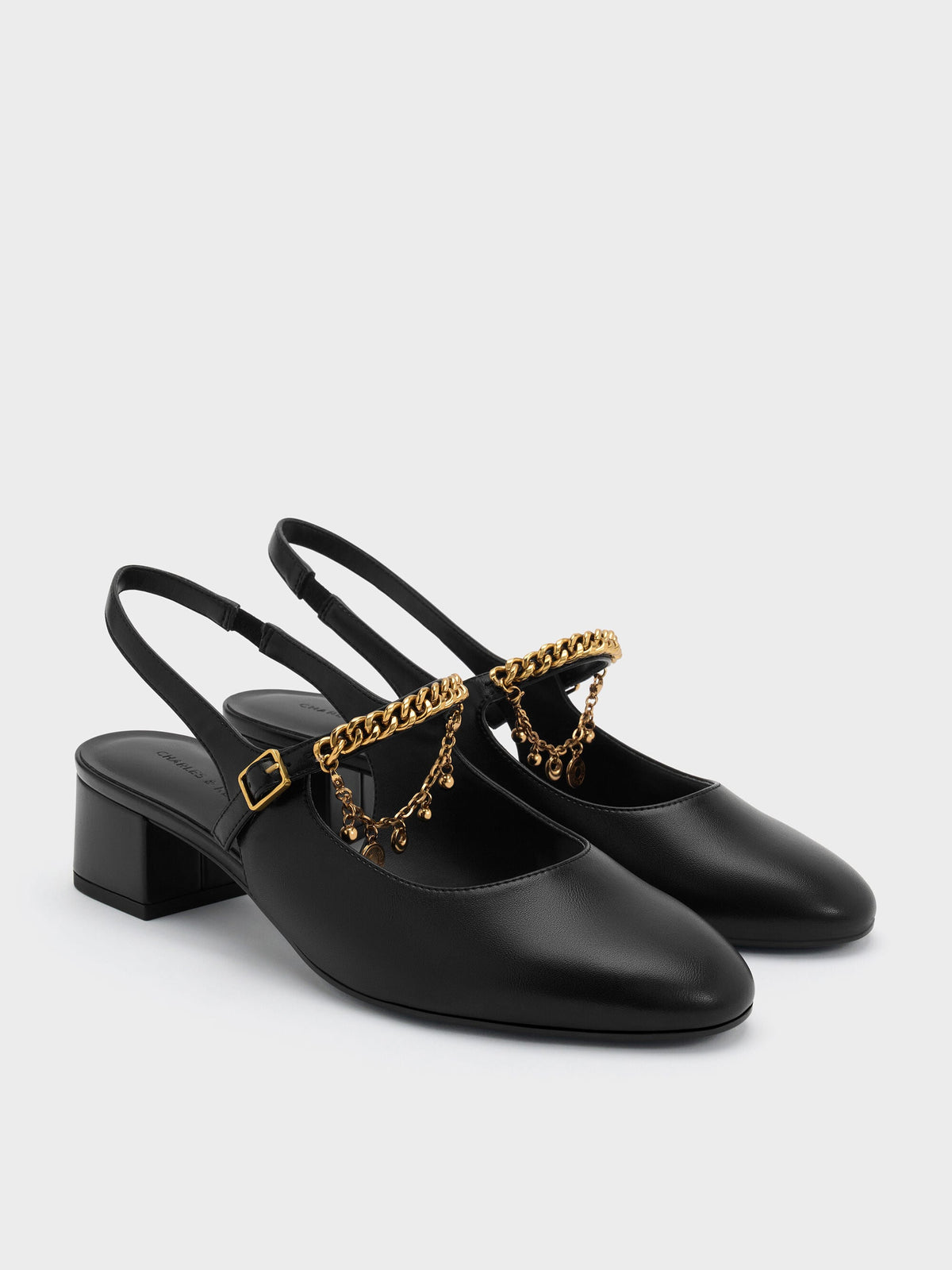 CHARLES & KEITH New / Double-Chain Charm Mary Jane Slingback Pumps - Black