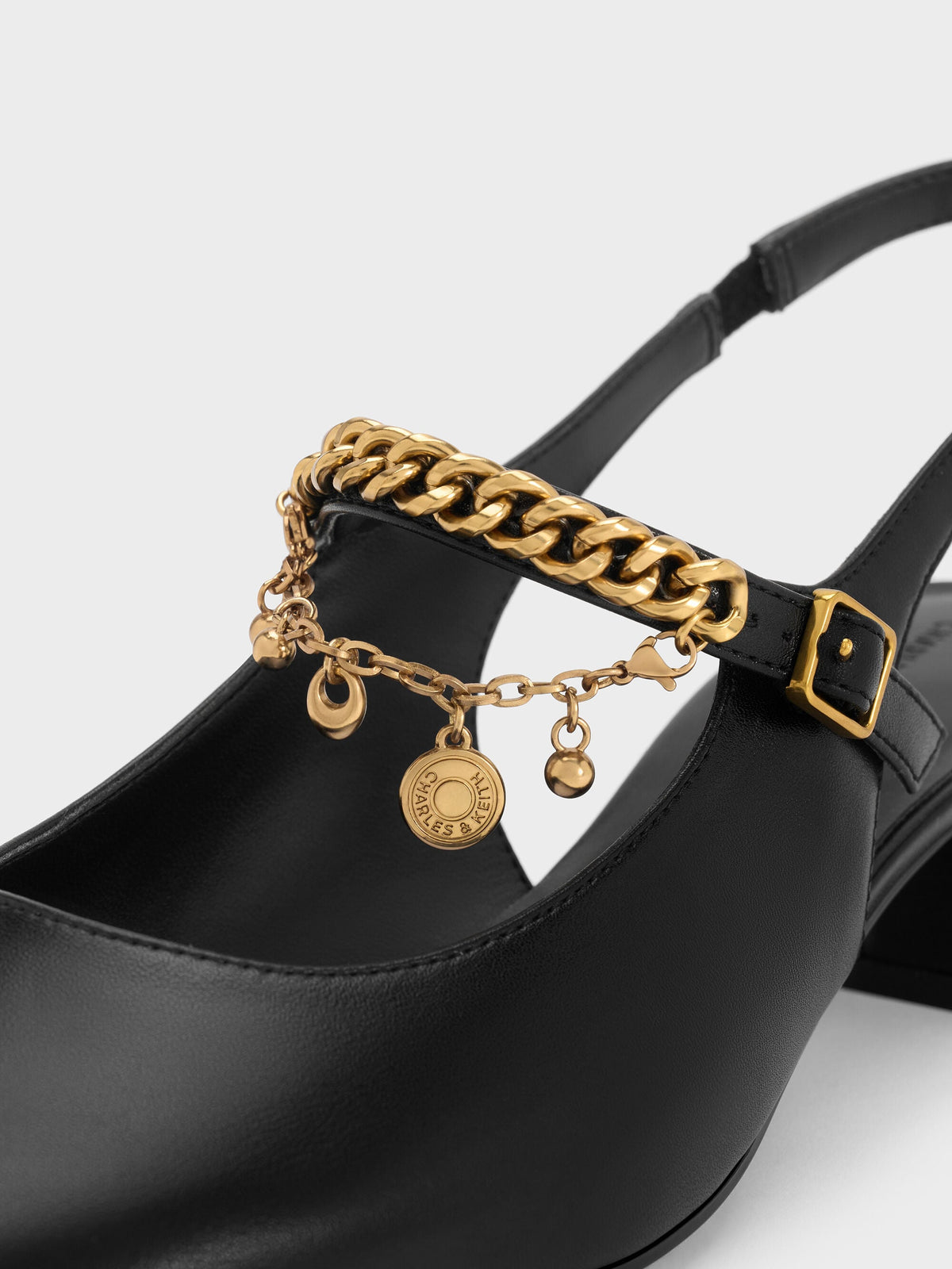 CHARLES & KEITH New / Double-Chain Charm Mary Jane Slingback Pumps - Black