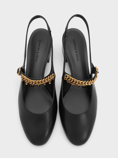 CHARLES & KEITH New / Double-Chain Charm Mary Jane Slingback Pumps - Black