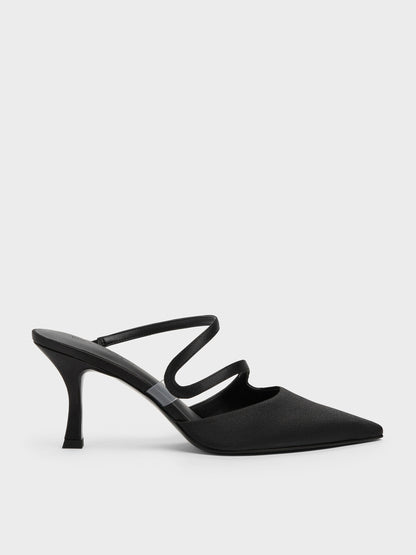 CHARLES & KEITH Essential / Arden Satin Pointed Wavy Heeled Mules - Black Textured