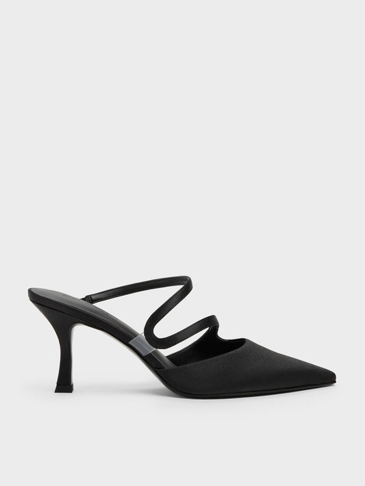 CHARLES & KEITH Essential / Arden Satin Pointed Wavy Heeled Mules - Black Textured