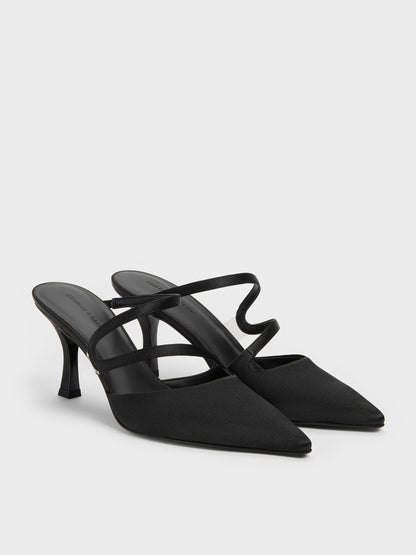 CHARLES & KEITH Essential / Arden Satin Pointed Wavy Heeled Mules - Black Textured