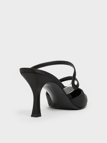 CHARLES & KEITH Essential / Arden Satin Pointed Wavy Heeled Mules - Black Textured