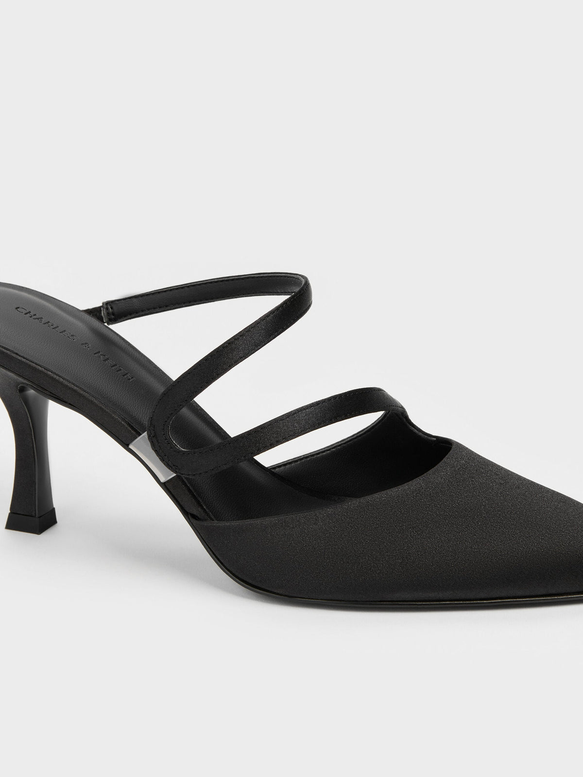 CHARLES & KEITH Essential / Arden Satin Pointed Wavy Heeled Mules - Black Textured