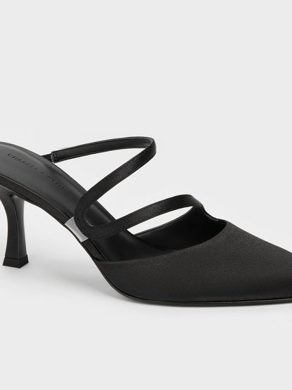 CHARLES & KEITH Essential / Arden Satin Pointed Wavy Heeled Mules - Black Textured
