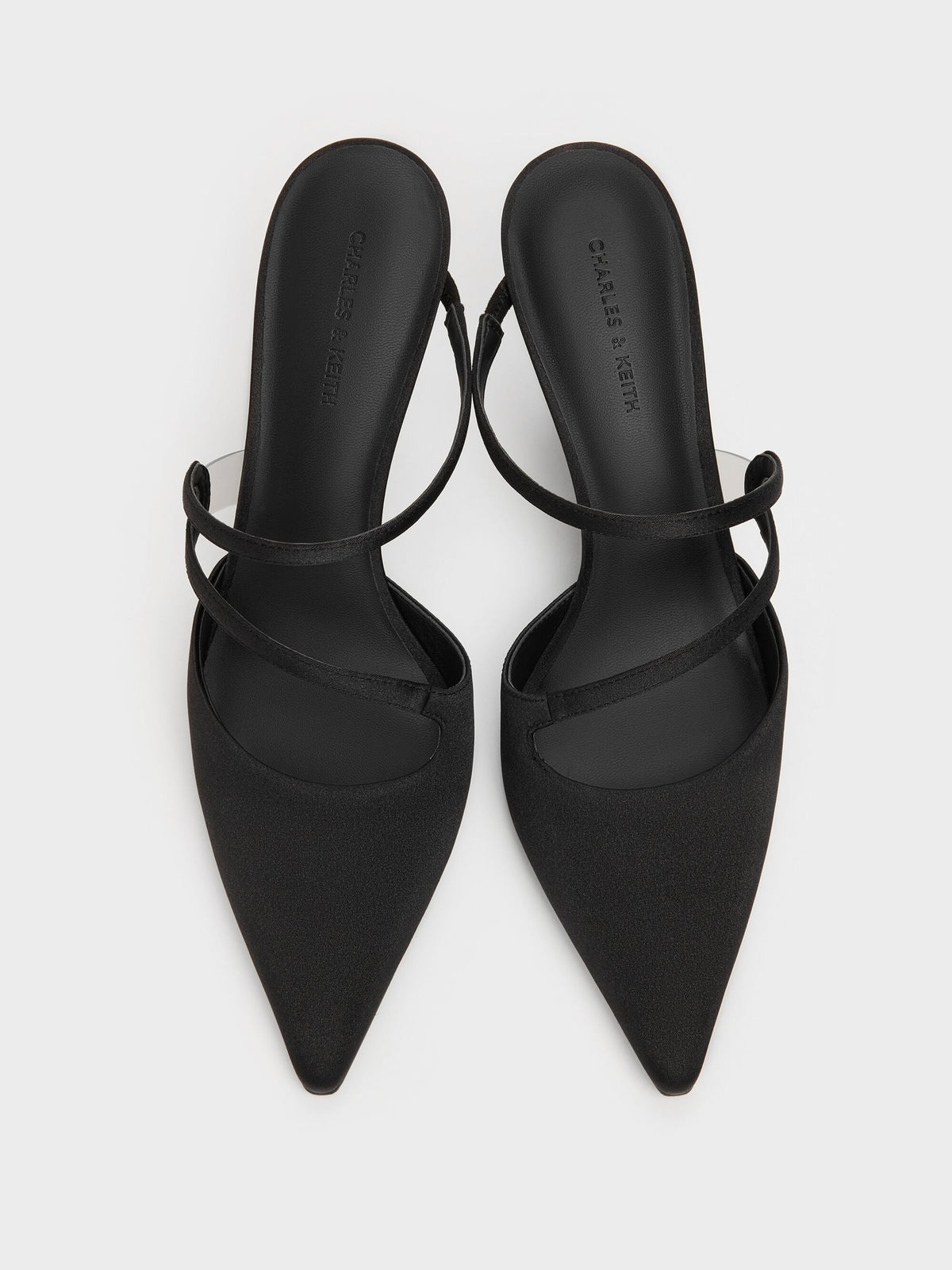 CHARLES & KEITH Essential / Arden Satin Pointed Wavy Heeled Mules - Black Textured