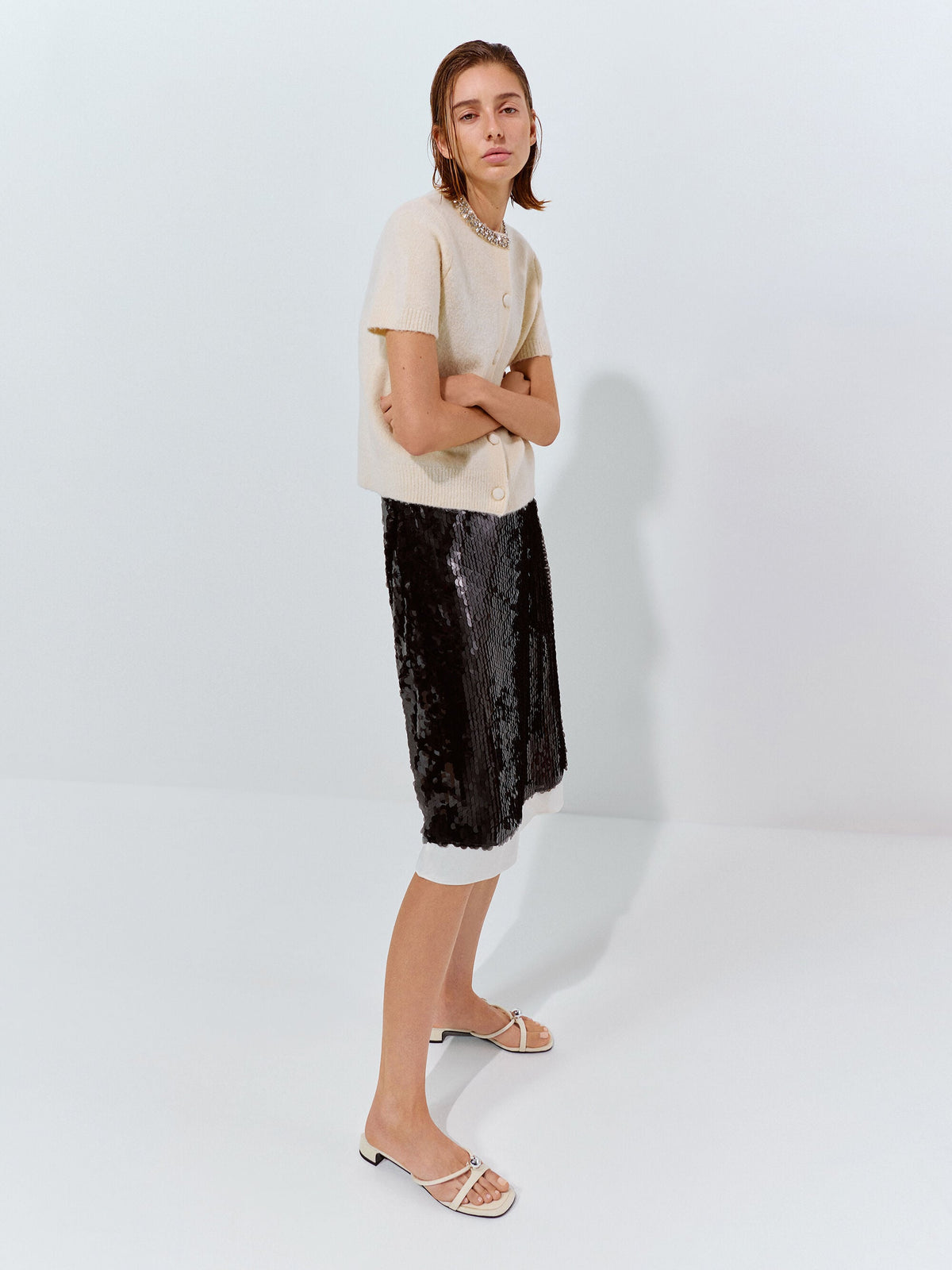 CHARLES & KEITH Everyday / Georgie Linen Metal-Ball Heeled Mules - Chalk