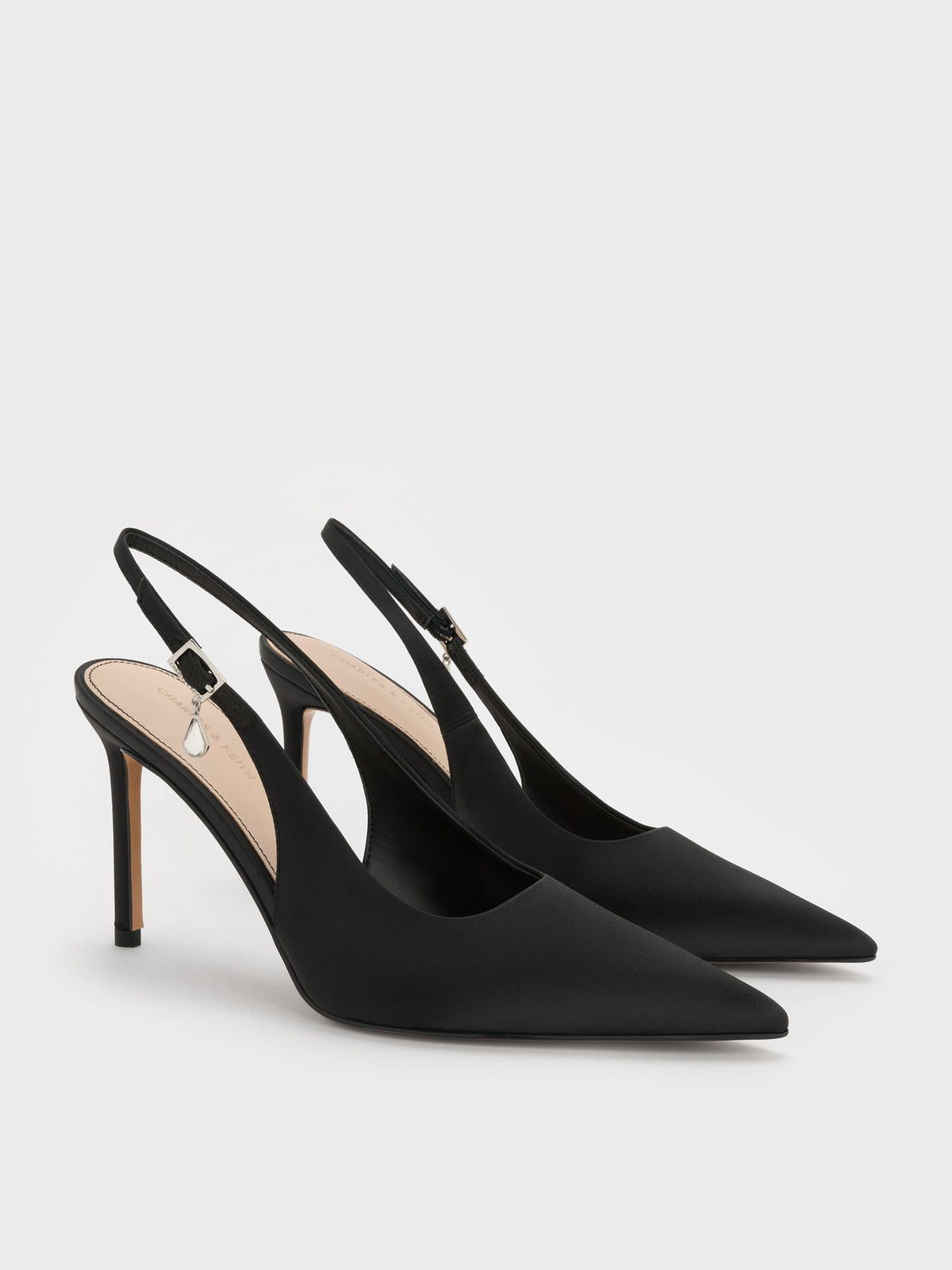 CHARLES & KEITH Hot Sale / Teardrop-Crystal Pointed Slingback Pumps - Black Textured