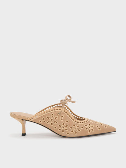 CHARLES & KEITH New / Leather Embroidered Heeled Mules - Beige