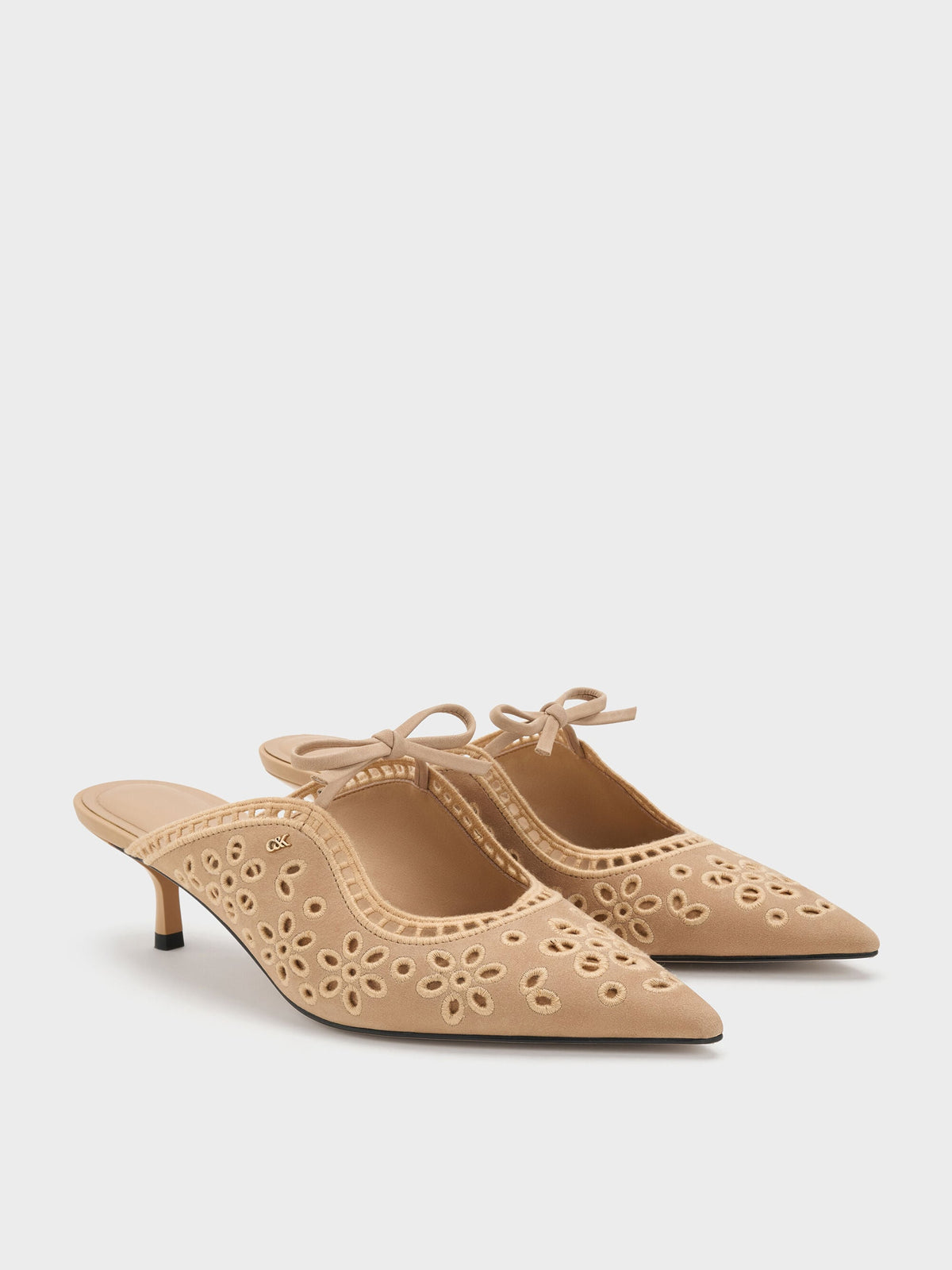 CHARLES & KEITH New / Leather Embroidered Heeled Mules - Beige