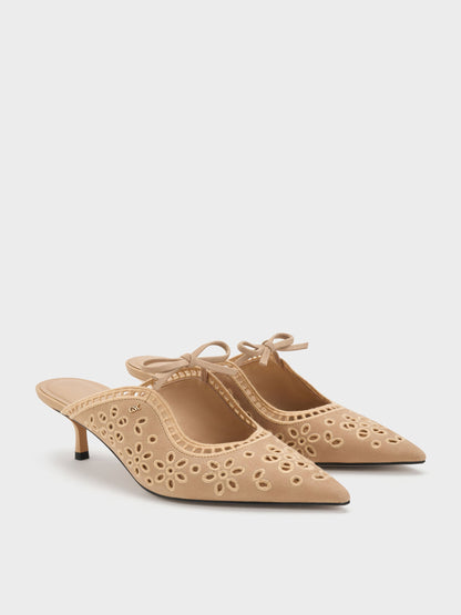 CHARLES & KEITH New / Leather Embroidered Heeled Mules - Beige
