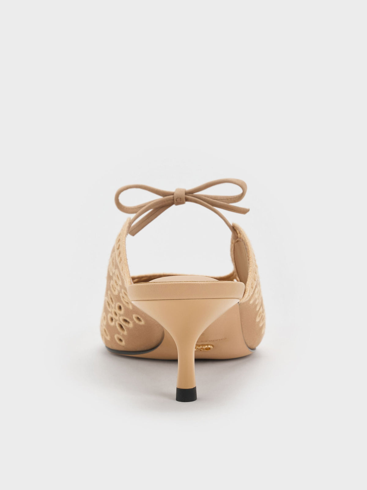 CHARLES & KEITH New / Leather Embroidered Heeled Mules - Beige