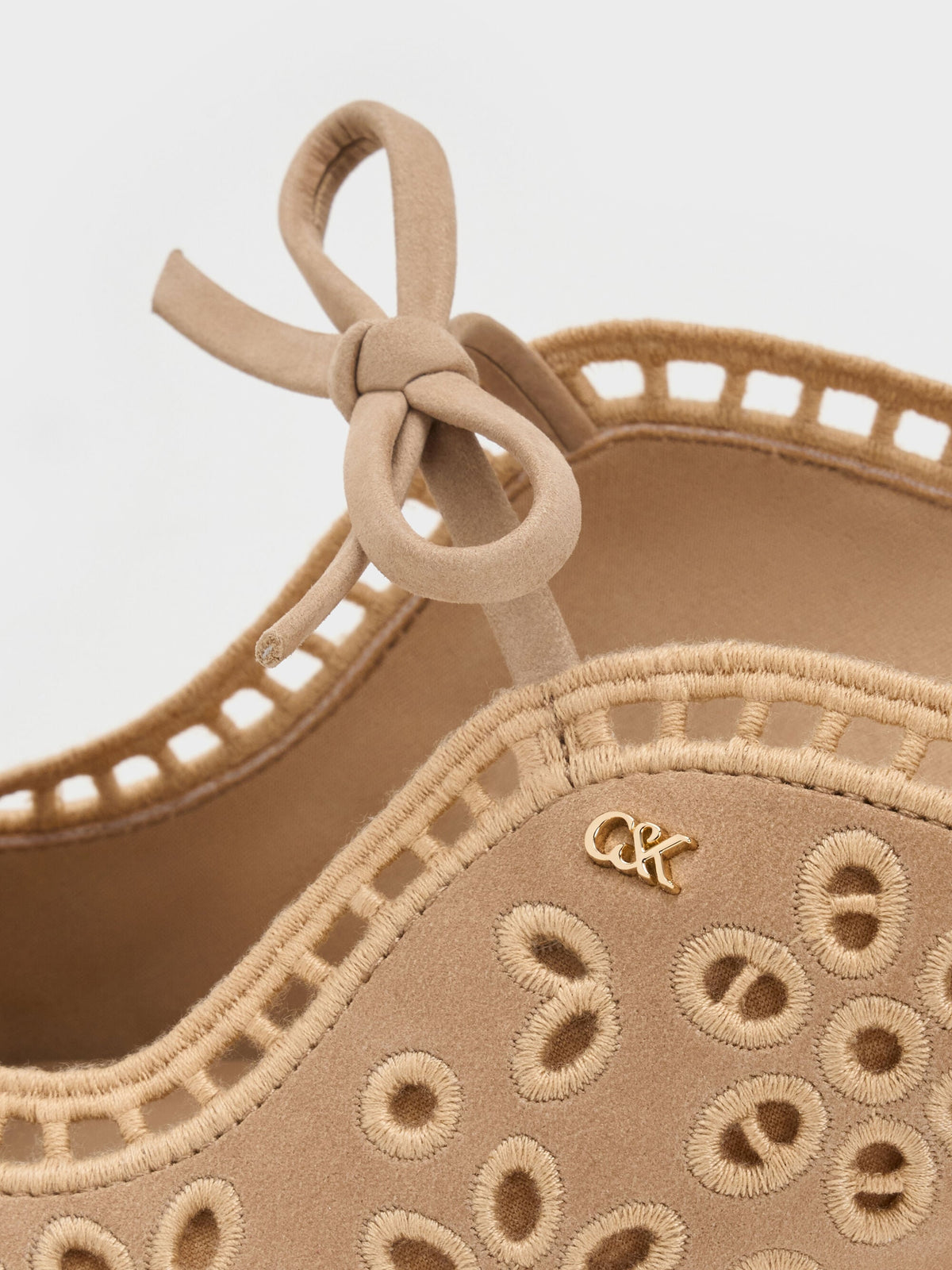 CHARLES & KEITH New / Leather Embroidered Heeled Mules - Beige