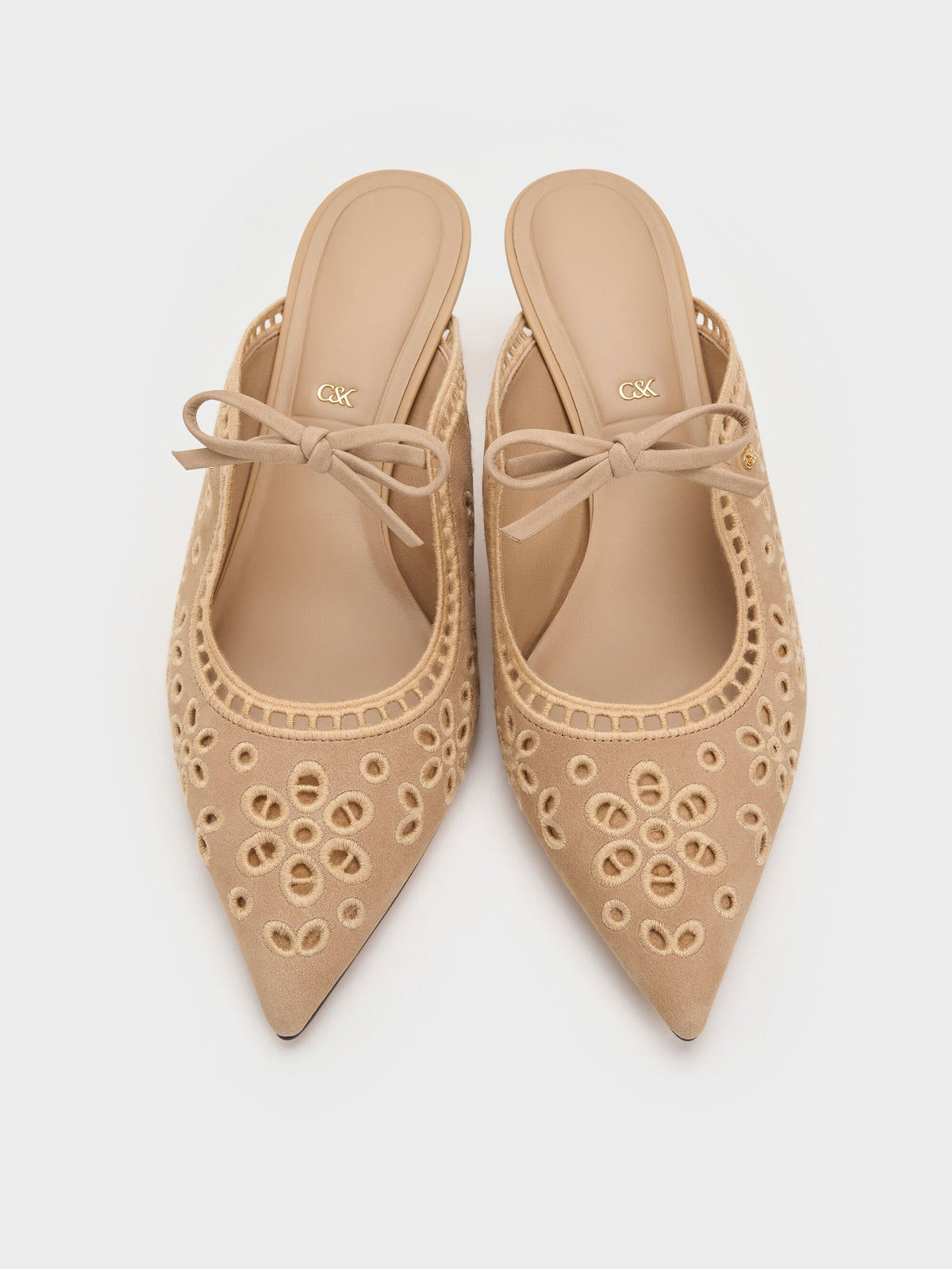 CHARLES & KEITH New / Leather Embroidered Heeled Mules - Beige