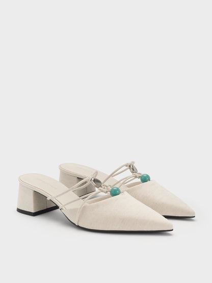 CHARLES & KEITH Quality / Georgie Linen Bead Pointed Mules - Chalk