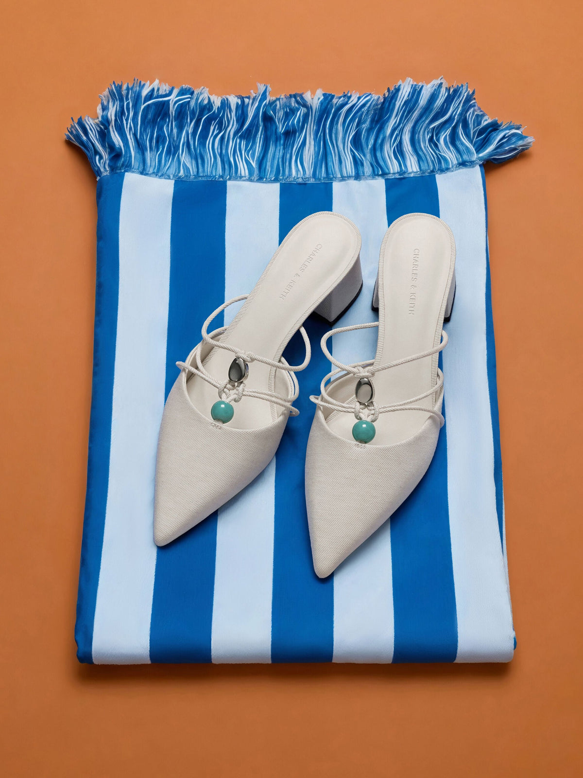 CHARLES & KEITH Quality / Georgie Linen Bead Pointed Mules - Chalk