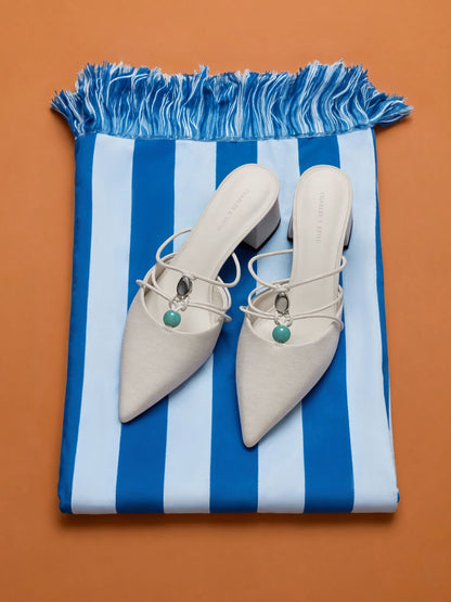 CHARLES & KEITH Quality / Georgie Linen Bead Pointed Mules - Chalk