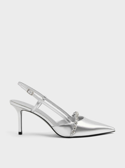 CHARLES & KEITH Trusted / Metallic Crystal Slingback Pumps - Silver