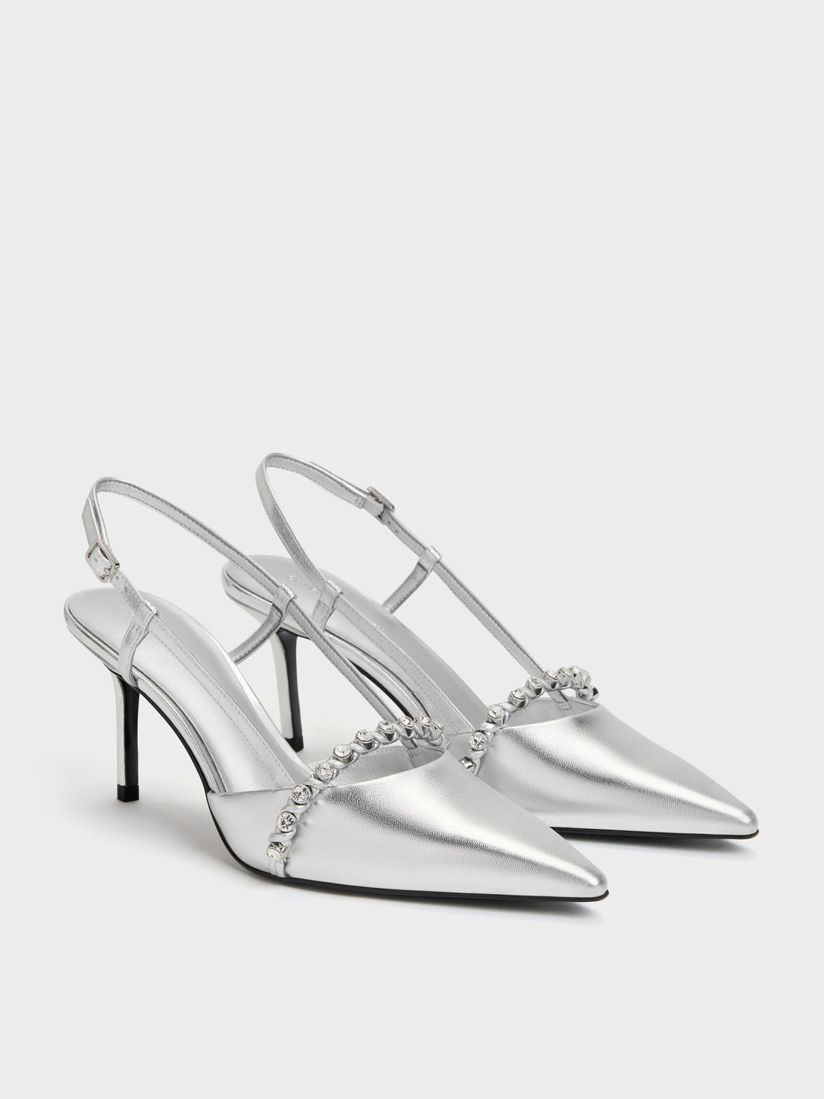 CHARLES & KEITH Trusted / Metallic Crystal Slingback Pumps - Silver