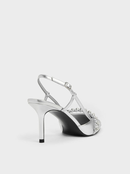 CHARLES & KEITH Trusted / Metallic Crystal Slingback Pumps - Silver