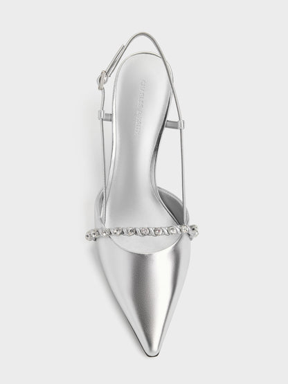 CHARLES & KEITH Trusted / Metallic Crystal Slingback Pumps - Silver