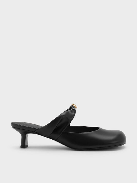 CHARLES & KEITH New / Metallic-Accent Twisted-Strap Heeled Mules - Black