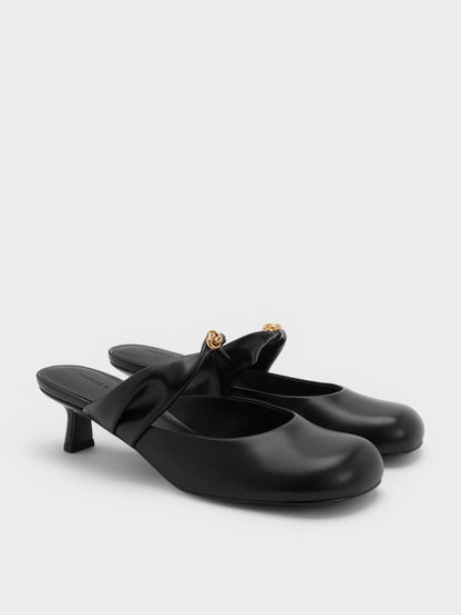 CHARLES & KEITH New / Metallic-Accent Twisted-Strap Heeled Mules - Black