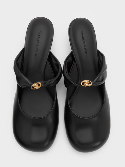 CHARLES & KEITH New / Metallic-Accent Twisted-Strap Heeled Mules - Black
