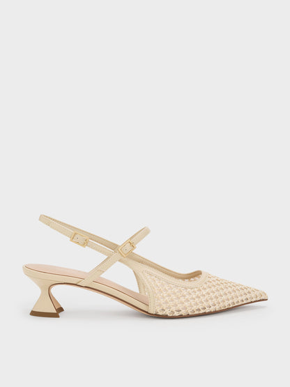 CHARLES & KEITH Great Value / Raffia Sculptural-Heel Slingback Pumps - Beige