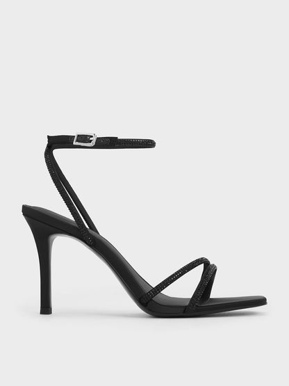 CHARLES & KEITH Great Value / Satin Crystal-Embellished Asymmetric Heeled Sandals - Black Textured
