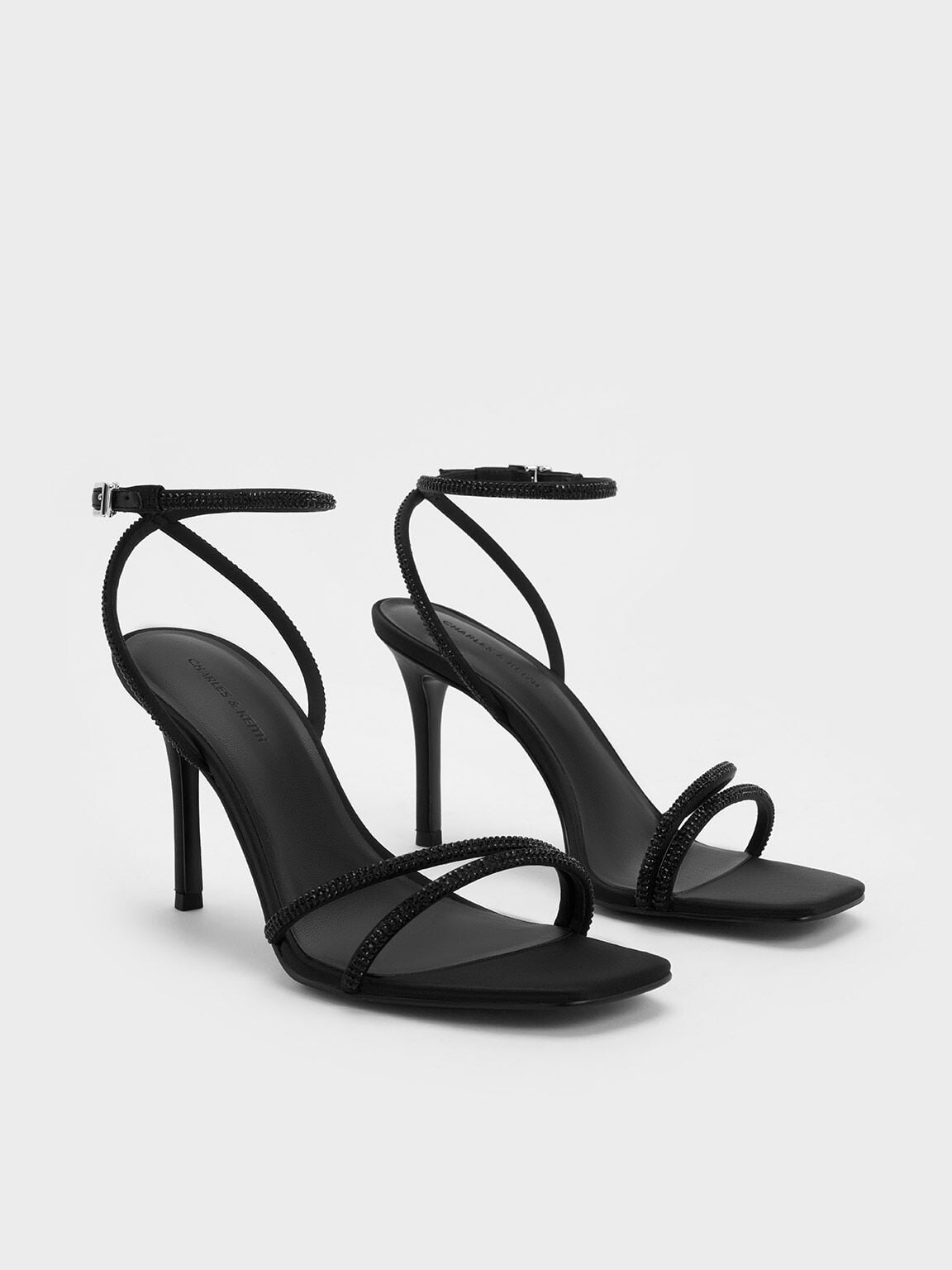 CHARLES & KEITH Great Value / Satin Crystal-Embellished Asymmetric Heeled Sandals - Black Textured