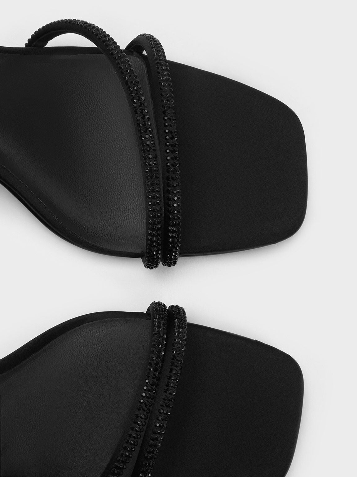 CHARLES & KEITH Great Value / Satin Crystal-Embellished Asymmetric Heeled Sandals - Black Textured