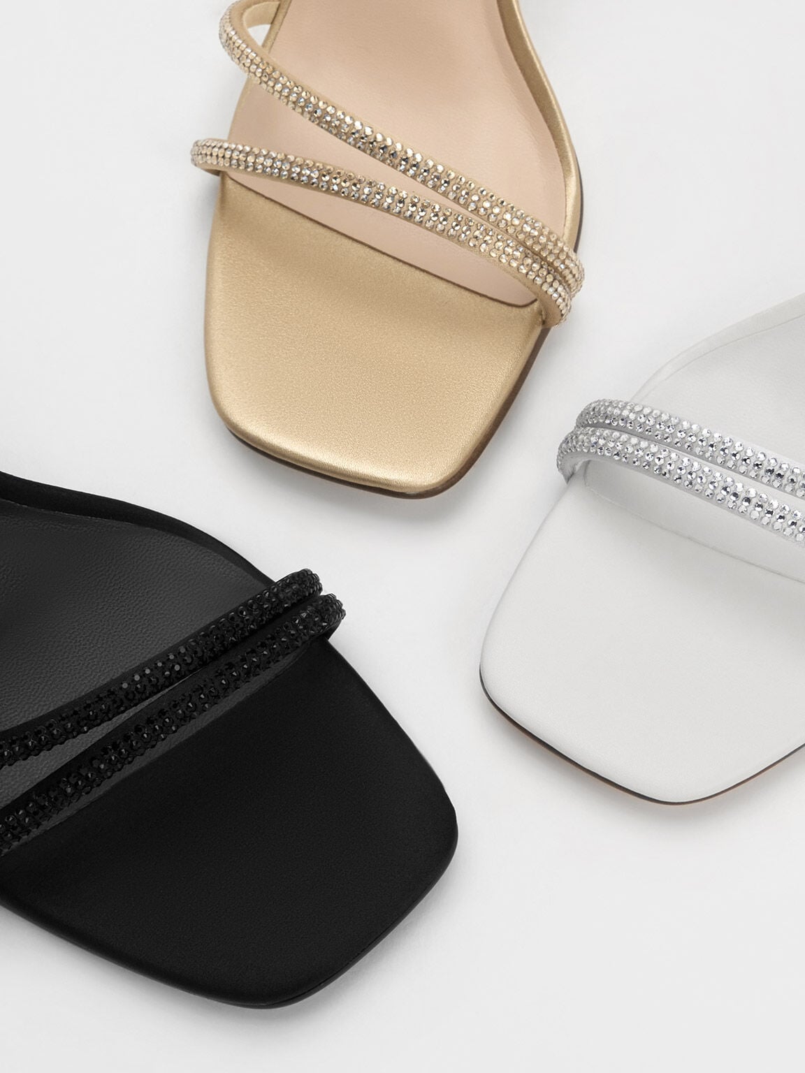 CHARLES & KEITH Great Value / Satin Crystal-Embellished Asymmetric Heeled Sandals - Black Textured