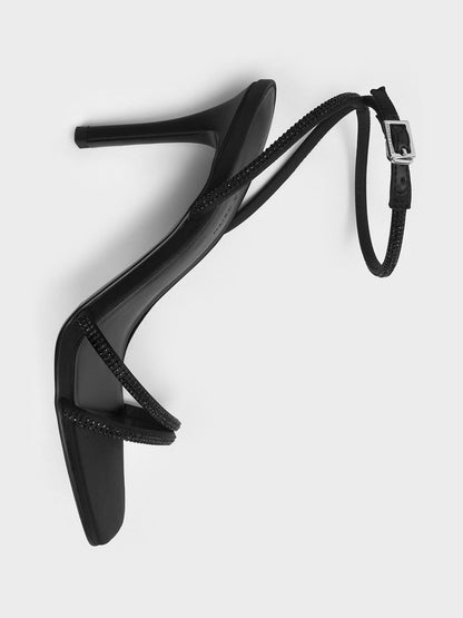 CHARLES & KEITH Great Value / Satin Crystal-Embellished Asymmetric Heeled Sandals - Black Textured