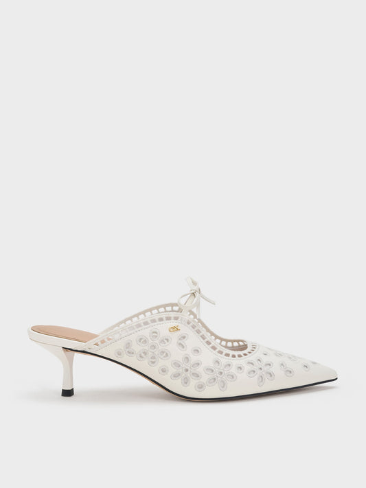 CHARLES & KEITH Deals / Leather Embroidered Heeled Mules - White