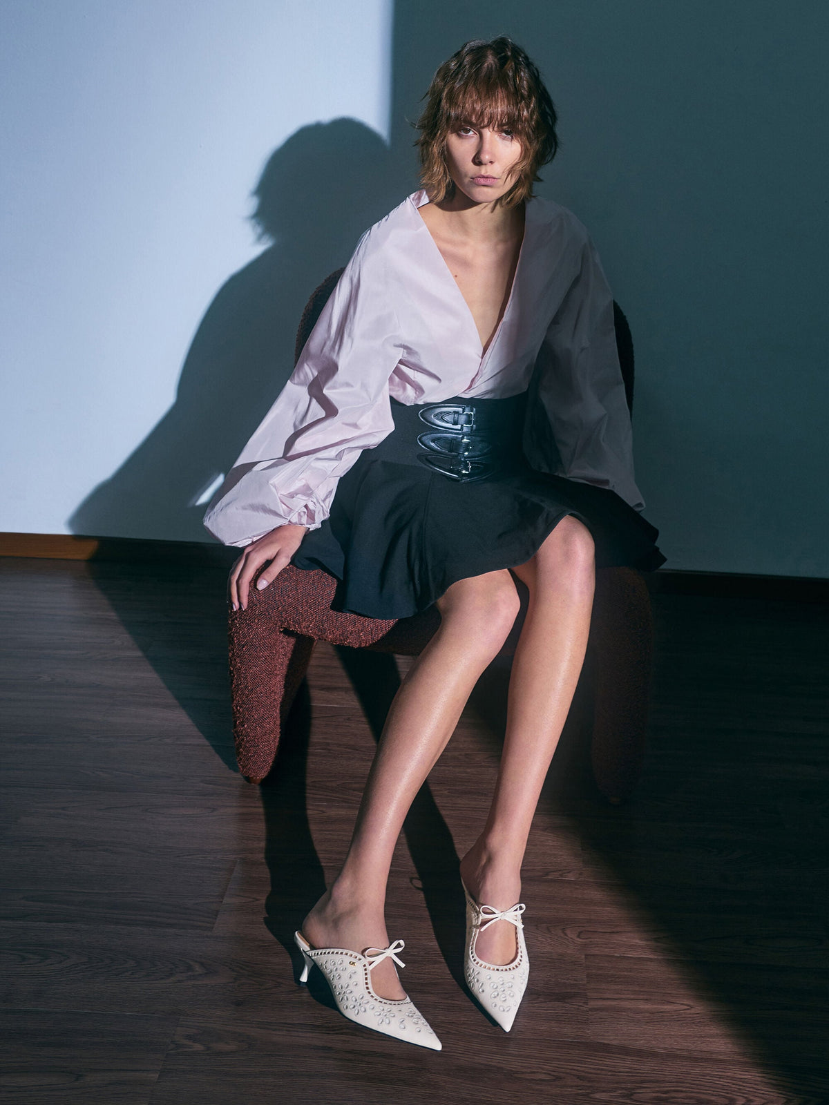CHARLES & KEITH Deals / Leather Embroidered Heeled Mules - White