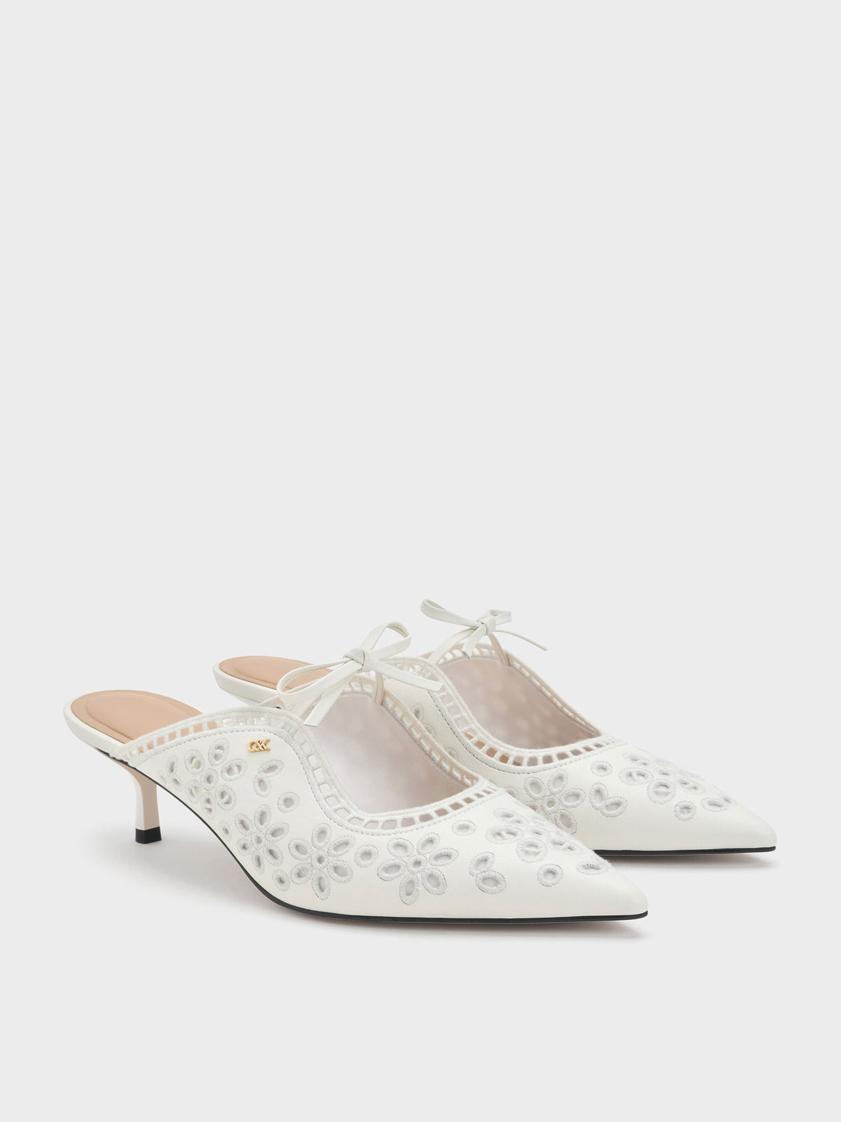CHARLES & KEITH Deals / Leather Embroidered Heeled Mules - White