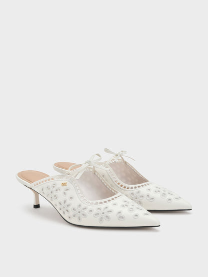 CHARLES & KEITH Deals / Leather Embroidered Heeled Mules - White