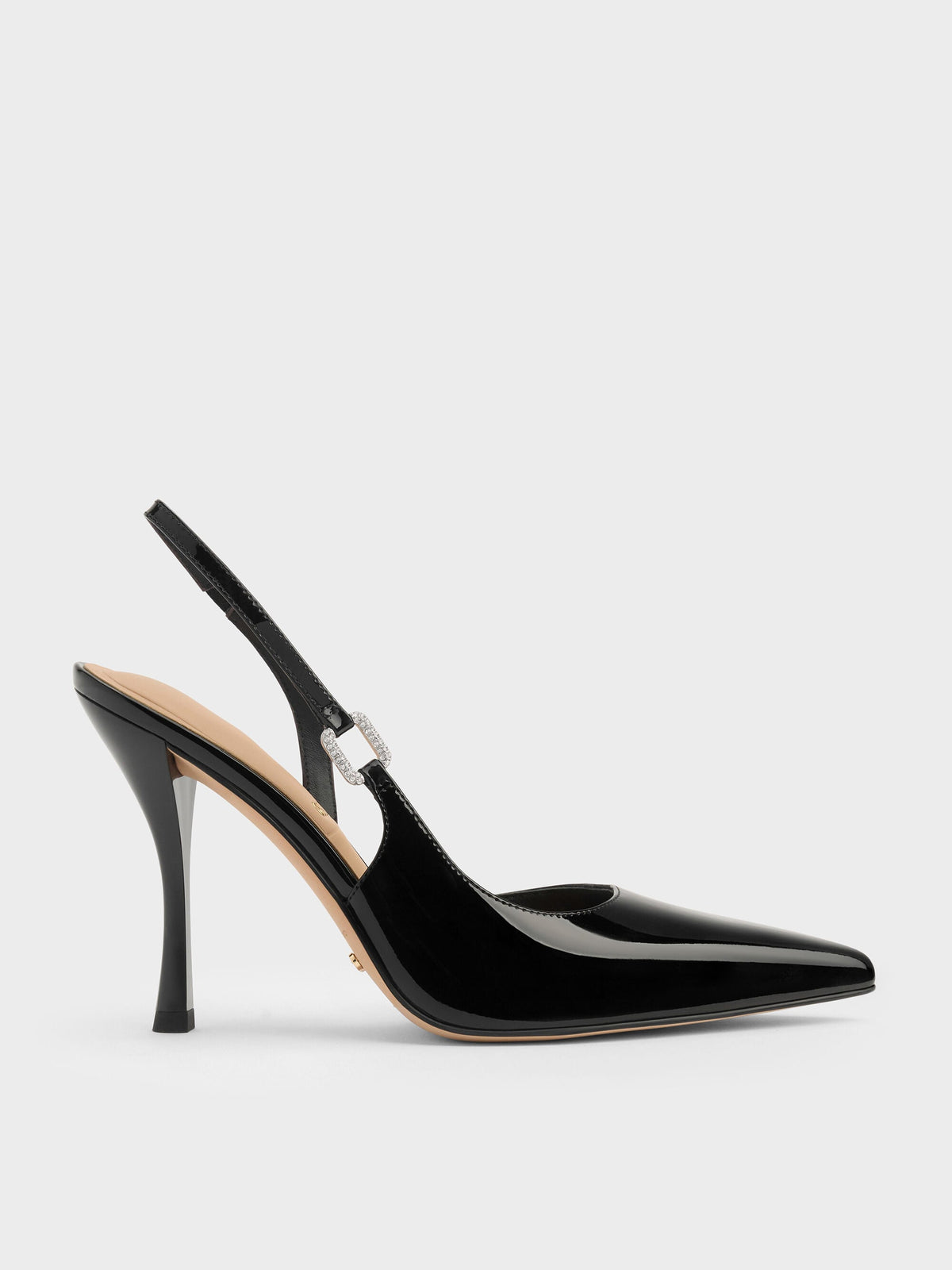 CHARLES & KEITH Latest / Patent Leather Crystal-Buckle Slingback Pumps - Black Patent