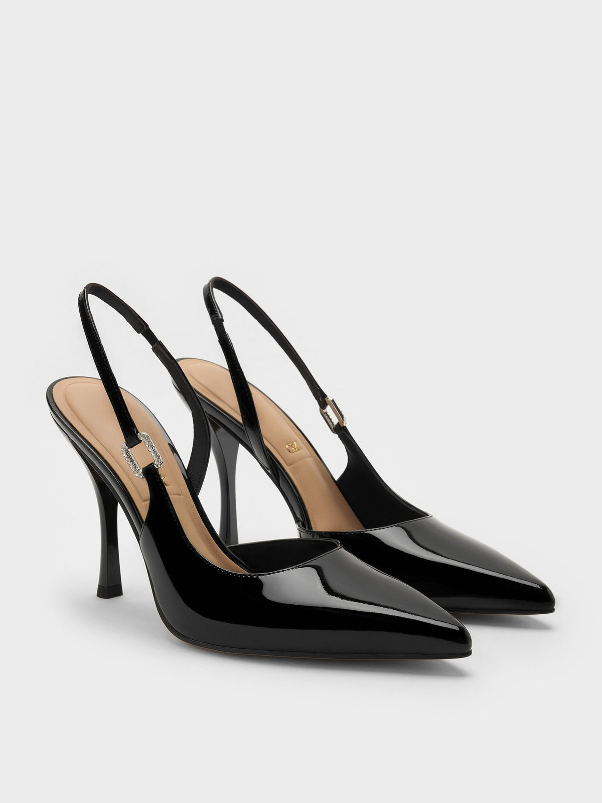 CHARLES & KEITH Latest / Patent Leather Crystal-Buckle Slingback Pumps - Black Patent