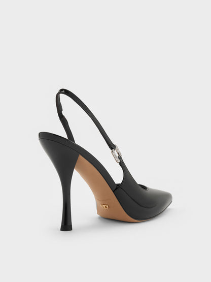 CHARLES & KEITH Latest / Patent Leather Crystal-Buckle Slingback Pumps - Black Patent