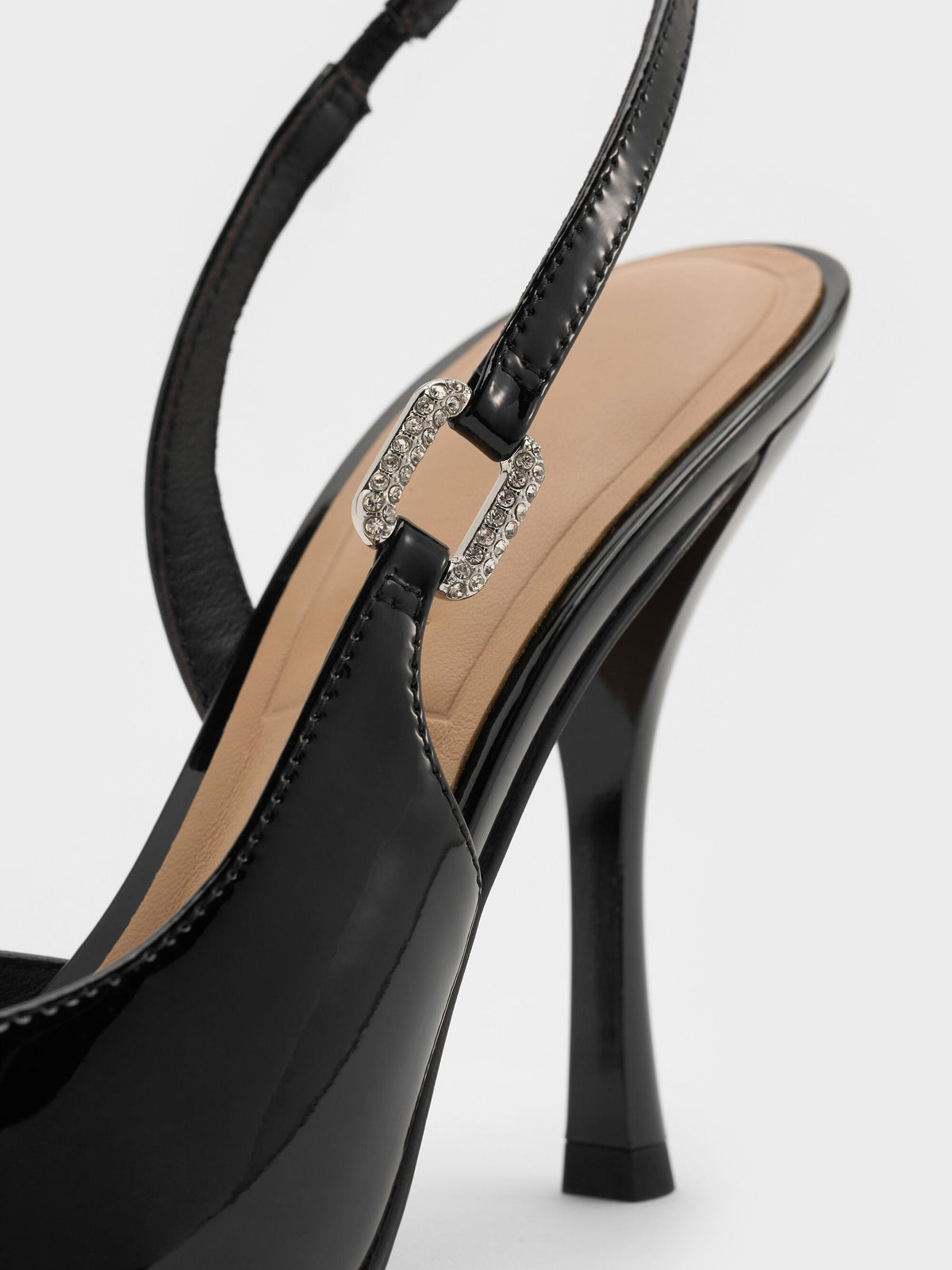 CHARLES & KEITH Latest / Patent Leather Crystal-Buckle Slingback Pumps - Black Patent