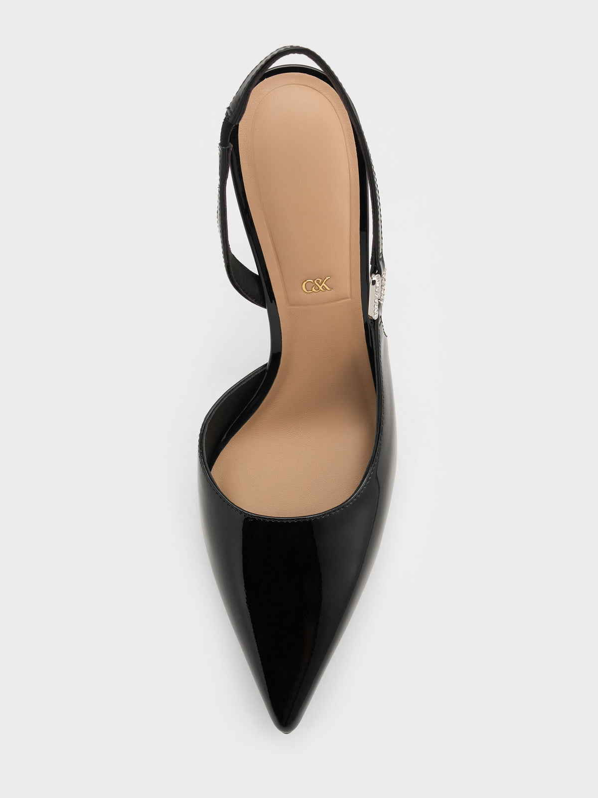 CHARLES & KEITH Latest / Patent Leather Crystal-Buckle Slingback Pumps - Black Patent