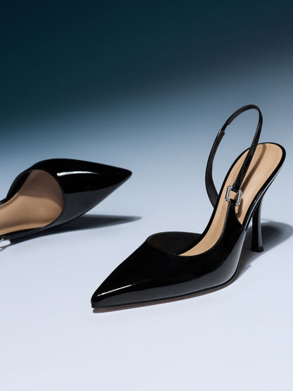 CHARLES & KEITH Latest / Patent Leather Crystal-Buckle Slingback Pumps - Black Patent
