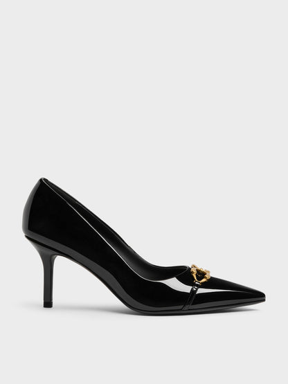 CHARLES & KEITH Classic / Patent Metallic-Buckle Pointed Pumps - Black Patent