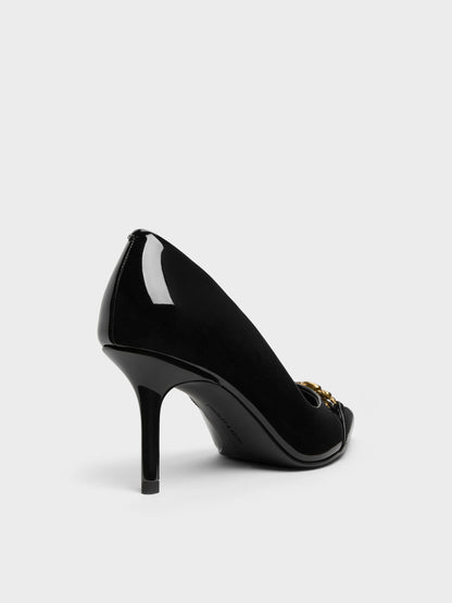 CHARLES & KEITH Classic / Patent Metallic-Buckle Pointed Pumps - Black Patent