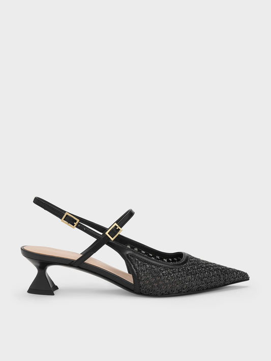 CHARLES & KEITH Classic / Raffia Sculptural-Heel Slingback Pumps - Black Textured